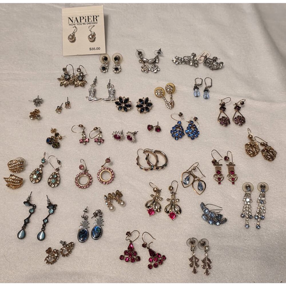 Vintage Earring Lot 20+ Pairs Napier Rhinestone Dangle Stud Gold Tone Costume...